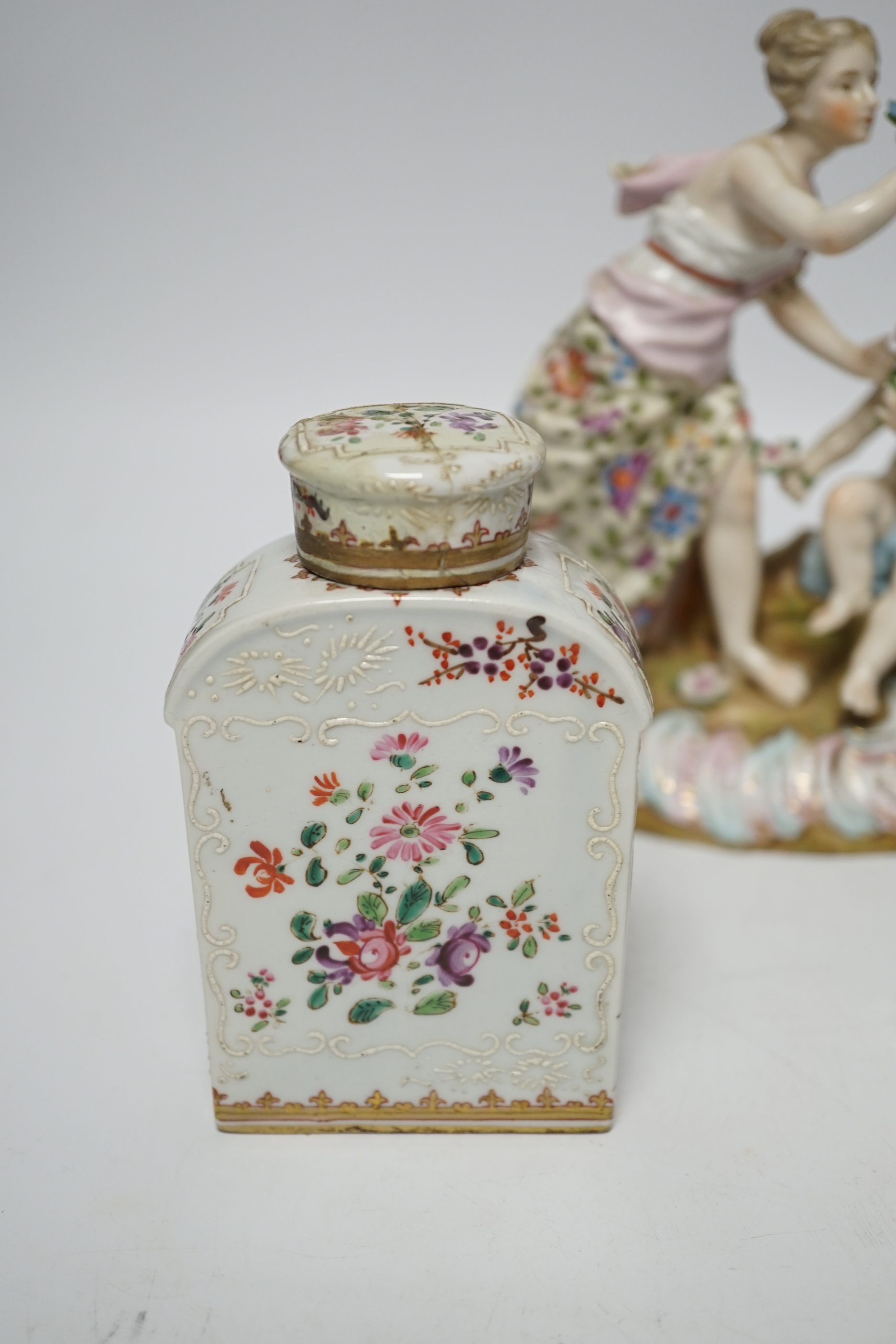 A Sitzendorf group, a German porcelain group and a Samson tea canister, tallest figure group 21cm high